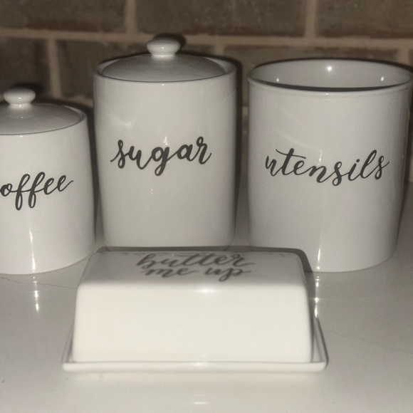 Other - White Ceramic Kitchen Canister Set with Script Labels - Sugar, Coffee, Utensils